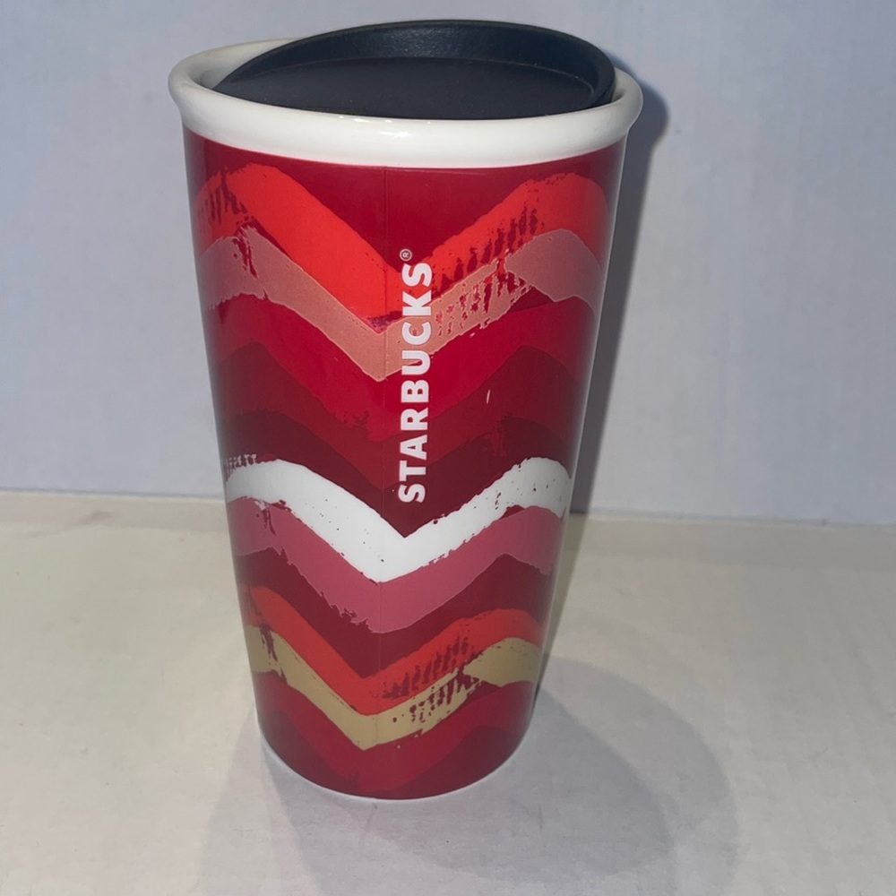 STARBUCKS 2014 Red Pink Stripes Coffee Travel Mug Lid 296ml 10 Oz.